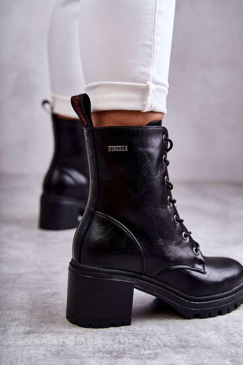 Damskie Ocieplane Botki Na Obcasie Czarne Grethe