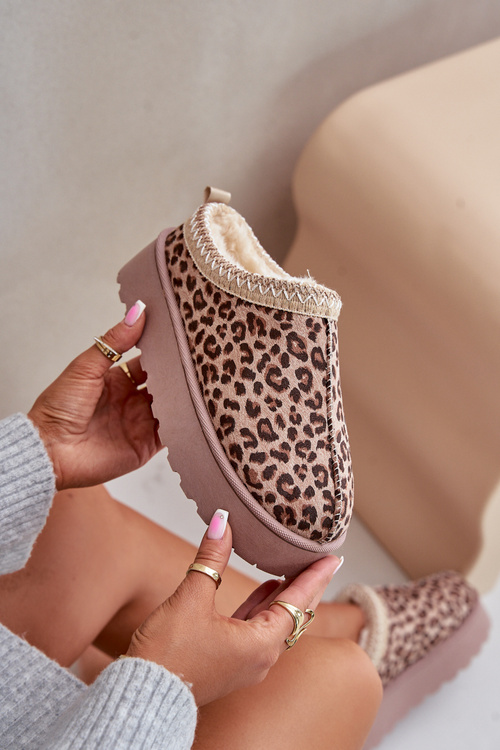 Śniegowce Damskie Na Platformie Ocieplane Futerkiem Panterka Brązowe Remenia