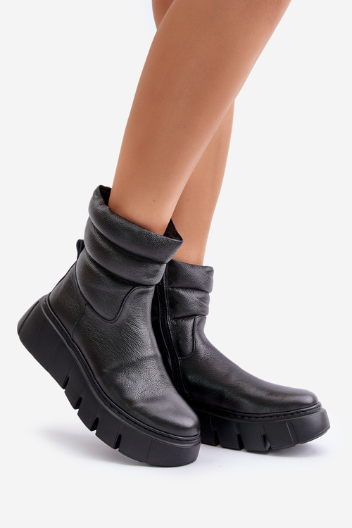 Zazoo 60512 Botki Damskie Skórzane Na Zamek Ocieplane Filcem Czarne