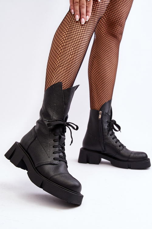 Damskie Skórzane Botki Workery Na Masywnym Płaskim Obcasie Zazoo 976A Czarne