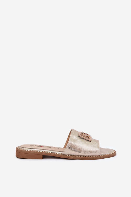 Damskie Klapki Na Płaskim Obcasie Z Ozdobą S.Barski KV51-089 Złote