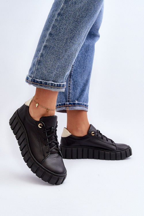 Zazoo 2919 Damskie Skórzane Półbuty Na Grubej Podeszwie Czarne