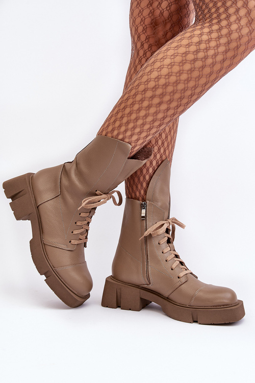 Damskie Skórzane Botki Workery Na Masywnym Płaskim Obcasie Zazoo 976A Ciemnobeżowe