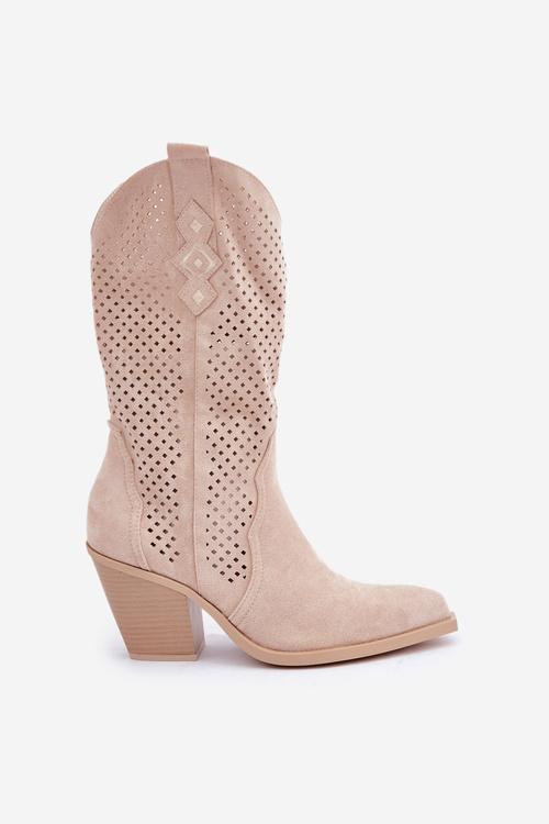 Ażurowe Botki Kowbojki Na Słupku Jasnobeżowe Salive