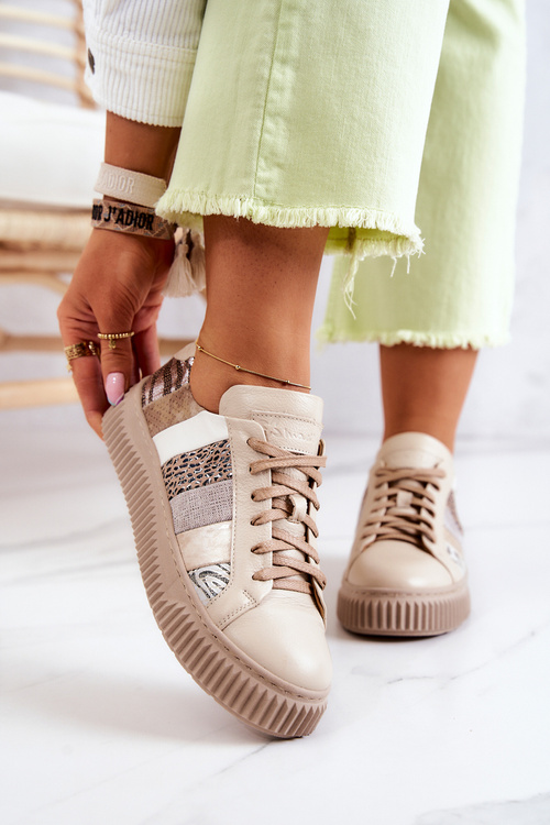 Skórzane Buty Sportowe Na Platformie Maciejka 05482-04 Beżowe