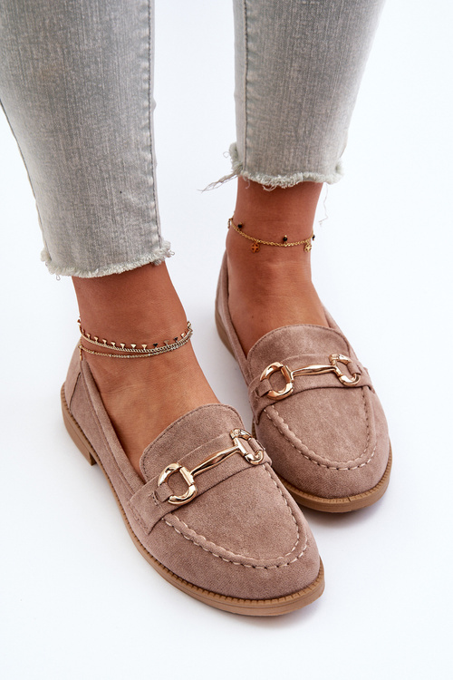 Mokasyny Damskie Na Płaskim Obcasie Z Ozdobą Ciemnobeżowe Aviole