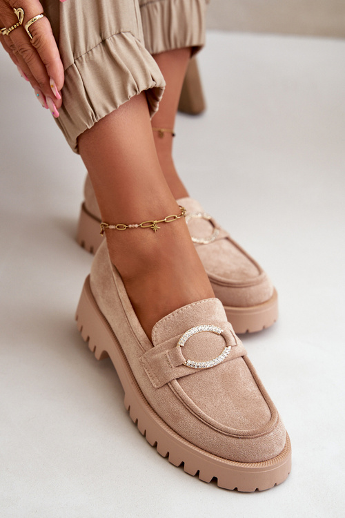 Damskie Eko Zamszowe Mokasyny Z Błyszczącym Detalem Beżowe Avellina