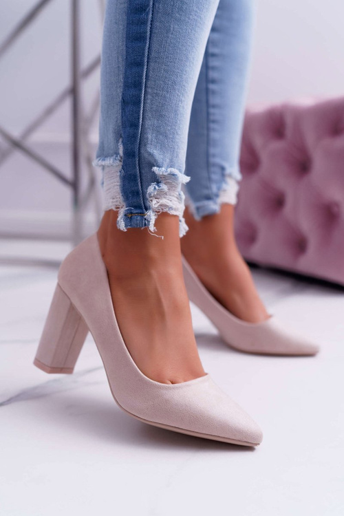 Czółenka Damskie Na Słupku Zamszowe Beżowe Raspberry