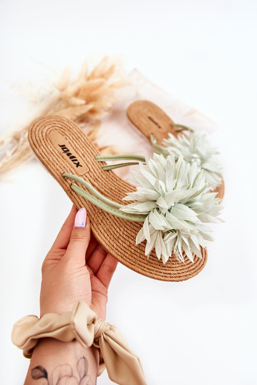 Damskie Klapki Japonki Z Materiałową Ozdobą Zielone Eviana