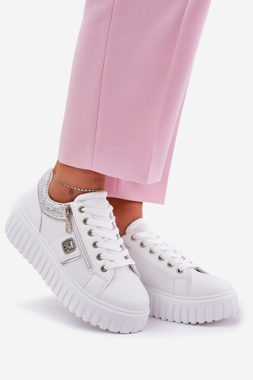 Buty Sportowe Damskie Na Platformie Z Eko Skóry Białe Velionna