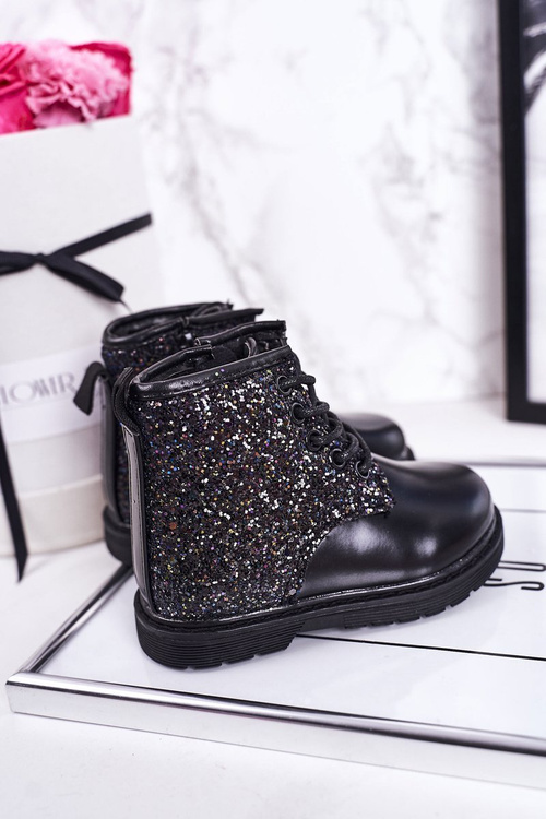 Dziecięce Brokatowe Ocieplane Botki Traperki Czarne Ariel