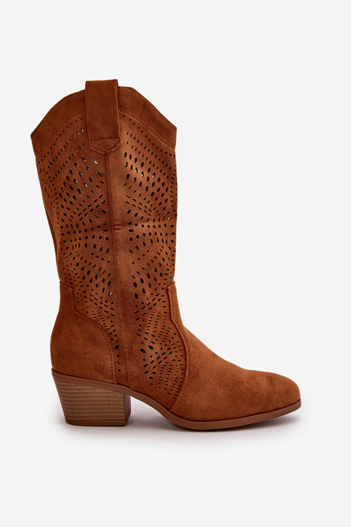 Ażurowe Damskie Botki Kowbojki Na Obcasie Camel Iceda