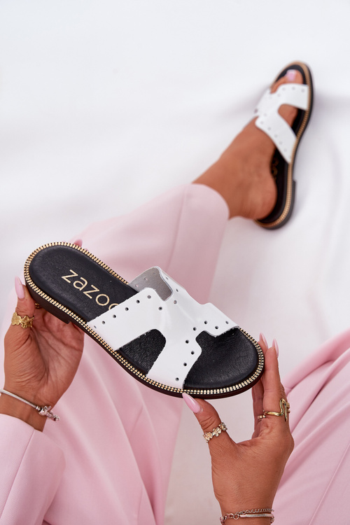 Zazoo 40326 Lakierowane Damskie Klapki Z Ozdobnymi Wycięciami Białe