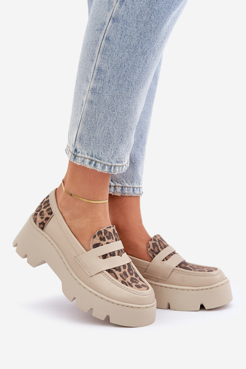 Skórzane Mokasyny Damskie Na Platformie I Płaskim Obcasie Panterka Zazoo 20191 Jasnobeżowe
