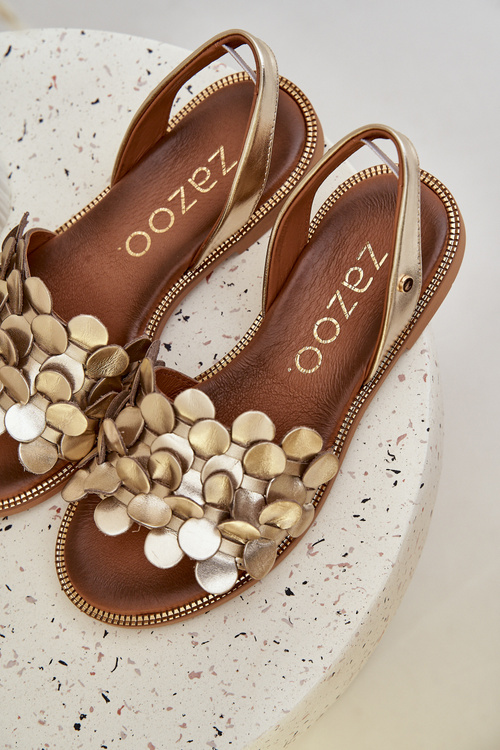 Skórzane Sandały Na Płaskim Obcasie Zazoo 40425 Złote