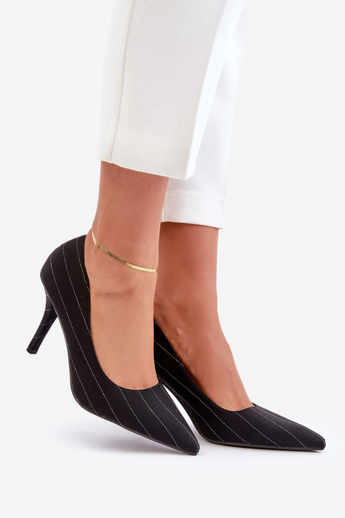 Materiałowe Szpilki Damskie W Paski Czarne Tifidra