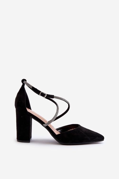 Eko Zamszowe Czółenka Na Słupku Z Cyrkoniami Czarne Lagra