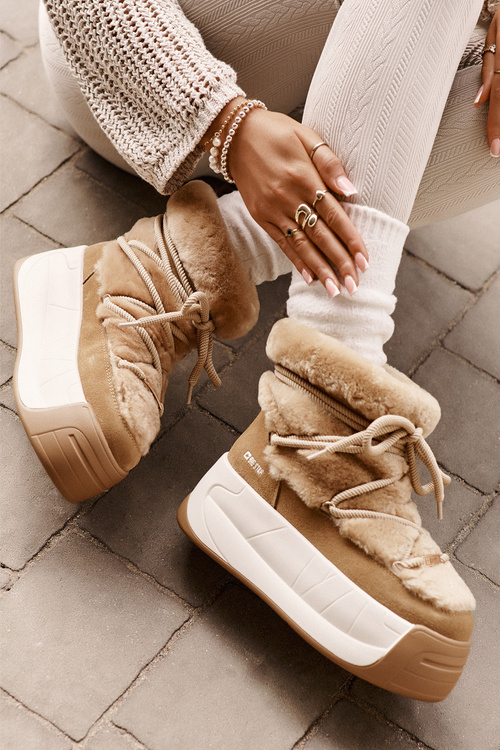 Skórzane Śniegowce Damskie Na Grubej Podeszwie Z Futerkiem Big Star OO274A207 Brązowe