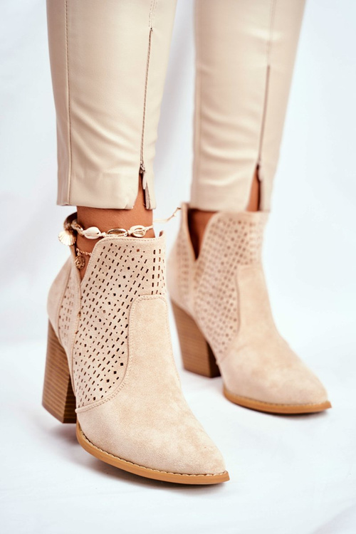 Botki Damskie Na Słupku Zamszowe Ażurowe Jasno Beżowe Shades