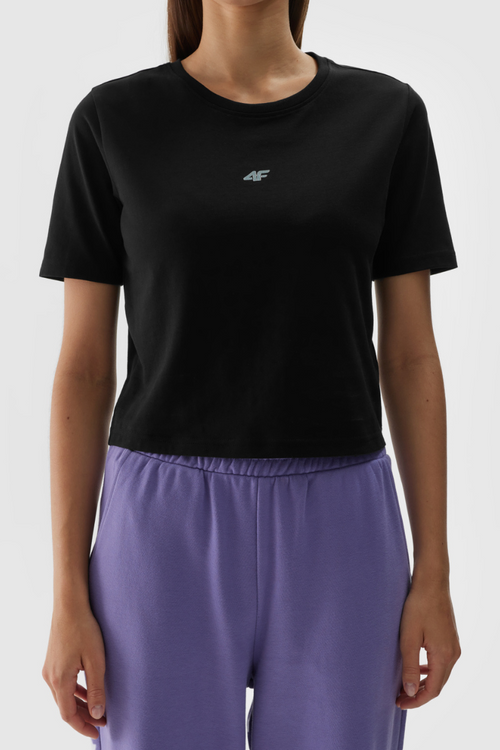 Damski Bawełniany T-shirt Slim Cropped 4F 4FWAW24TTSHF1701-20S Czarna