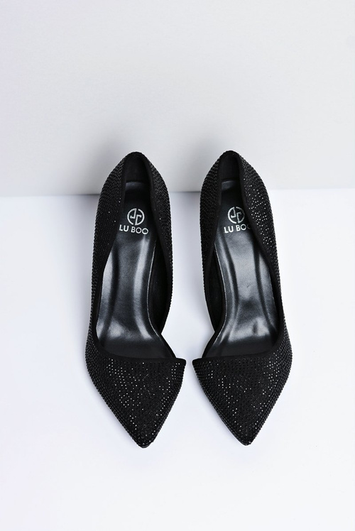 Szpilki Damskie Czarne Zamszowe Cyrkonie Asymetryczne Santee