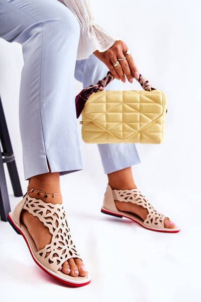 Skórzane Lekkie Ażurowe Sandały Beżowe Alima