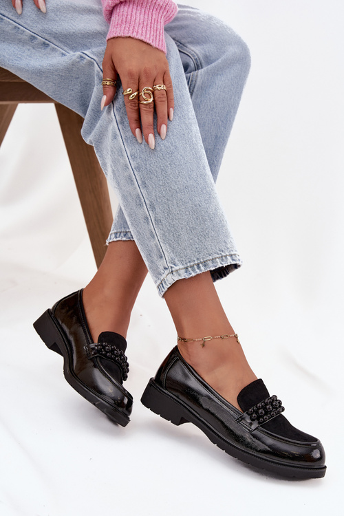 Mokasyny Damskie Lakierowane Z Koralikami S.Barski HY52-541 Czarne