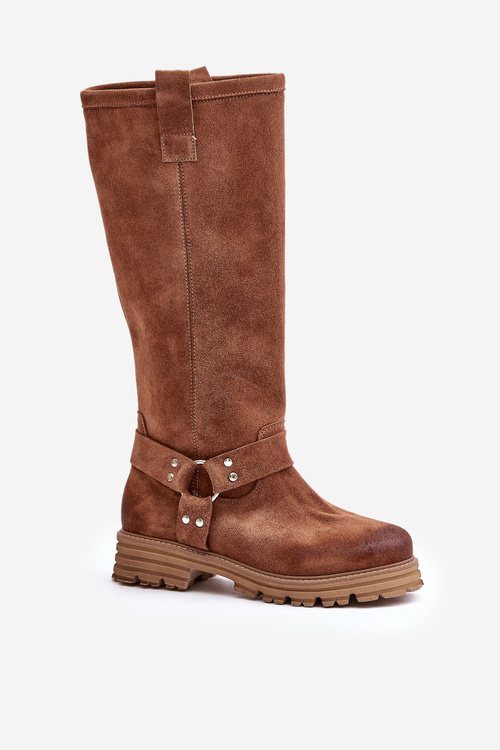 Zamszowe Kozaki Damskie Przed Kolano Lewski 3615 Brązowe