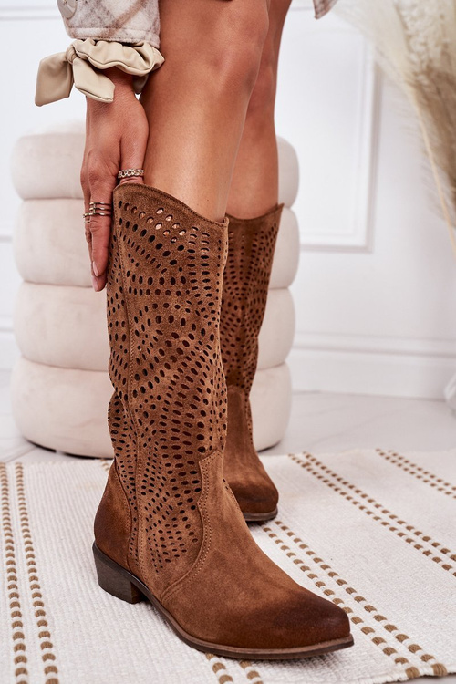 Wiosenne Ażurowe Kozaki Zamszowe Exquisite 1229 Koniak