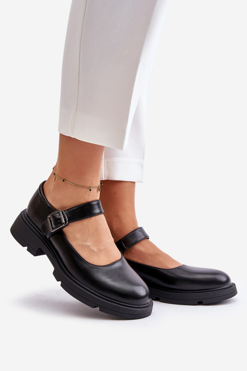 Eko Skórzane Półbuty Damskie Z Paskiem Czarne Vinceza 62179