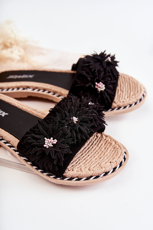 Damskie Klapki Z Materiałowymi Kwiatami Czarne Susana