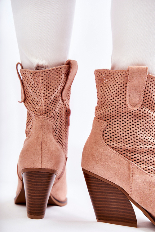 Damskie Zamszowe Ażurowe Botki Kowbojki Różowe Eleonore