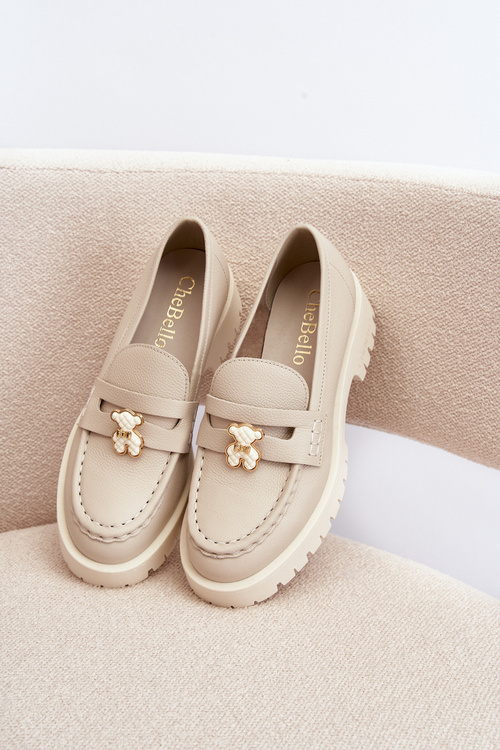 Skórzane Półbuty Mokasyny Z Misiem CheBello 4291 Jasnobeżowe