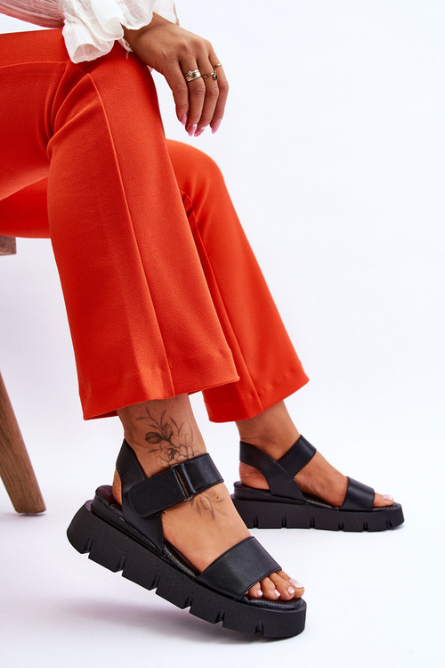 Damskie Skórzane Sandały Na Platformie Czarne Katte