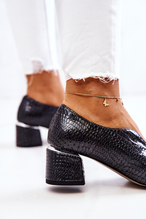 Skórzane Wężowe Czółenka Ciemnoszare Alissa