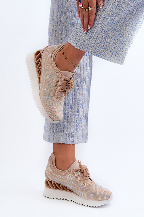 Sneakersy Damskie Na Koturnie Zdobione Cyrkoniami D&A MR38-377 Beżowe