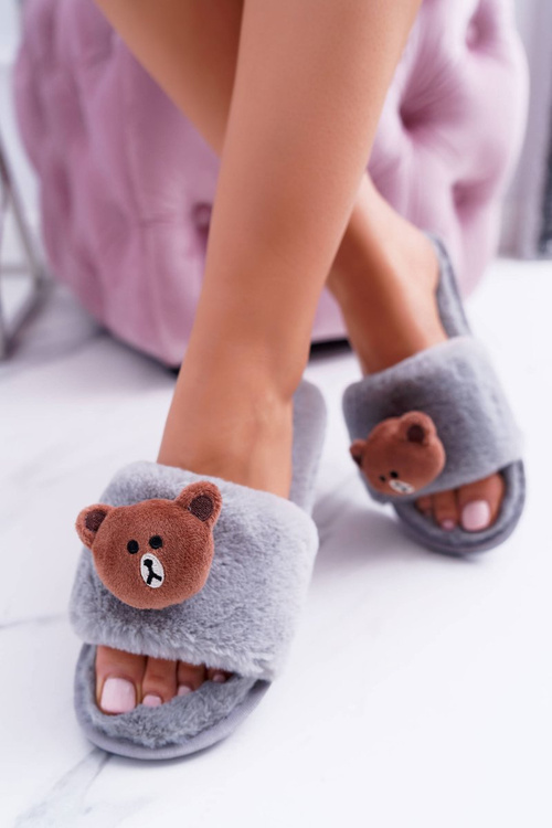 Lu Boo Damskie Szare Pluszowe Klapki Z Misiem Teddy