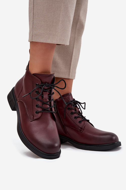 Ocieplane Skórzane Botki Damskie Na Niskim Obcasie Vinceza 39953 Bordowe