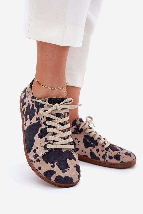 Zamszowe Trampki Barefoot Damskie W Łaty Zazoo N1120 Brązowo-Beżowe