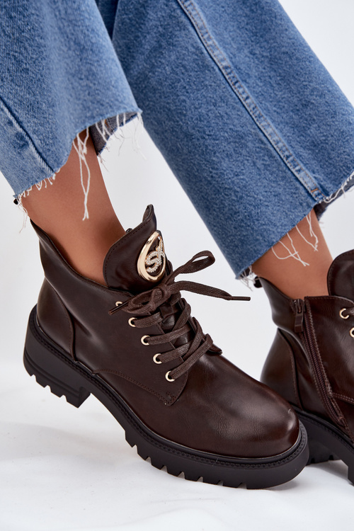 Ocieplane Botki Damskie Ze Złotym Detalem Czekoladowe Kavirae