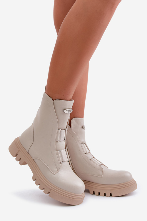 Ocieplane Botki Workery Damskie Na Zamek Eko Skórzane Jasnobeżowe Mailyra