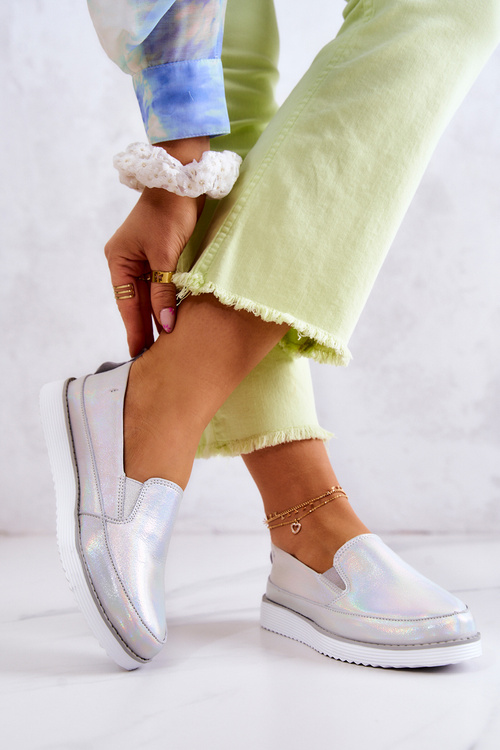 Damskie Skórzane Tenisówki Slip-On S.Barski Holograficzne Srebrne