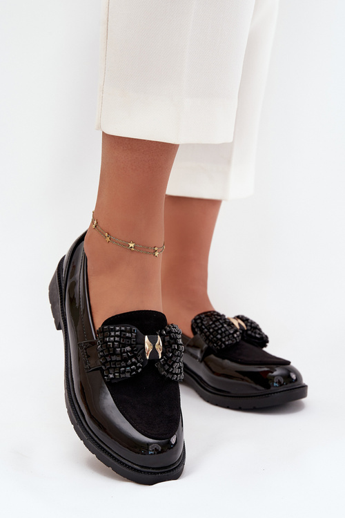 Lakierowane Mokasyny Damskie Z Kokardką S.Barski HY51-319 Czarne