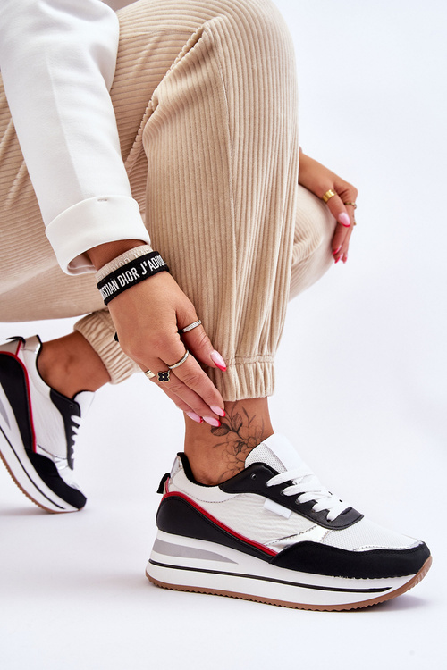 Damskie Buty Sportowe Na Koturnie I Platformie Biało-Czarne Allen