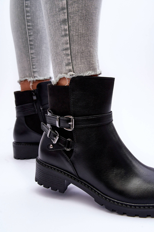 Skórzane Botki Damskie Z Paskami Czarne Minks