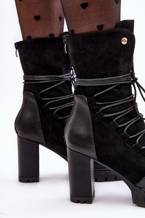 Damskie Botki Na Słupku Z Wiązaniem Czarne Artie