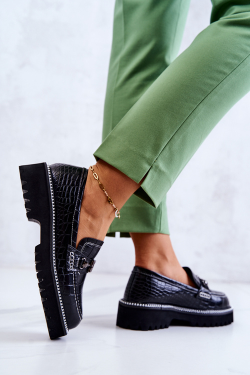 Skórzane Półbuty Wężowe Z Ozdobą Czarne Adison