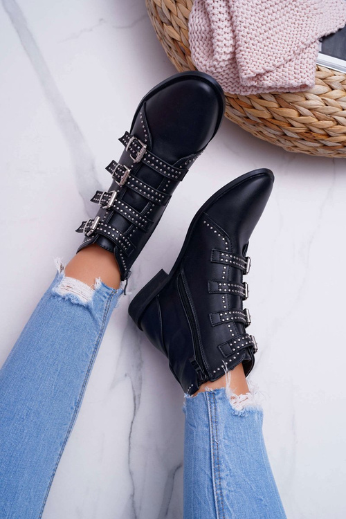 Damskie Botki Nity Klamry Czarne Berugio