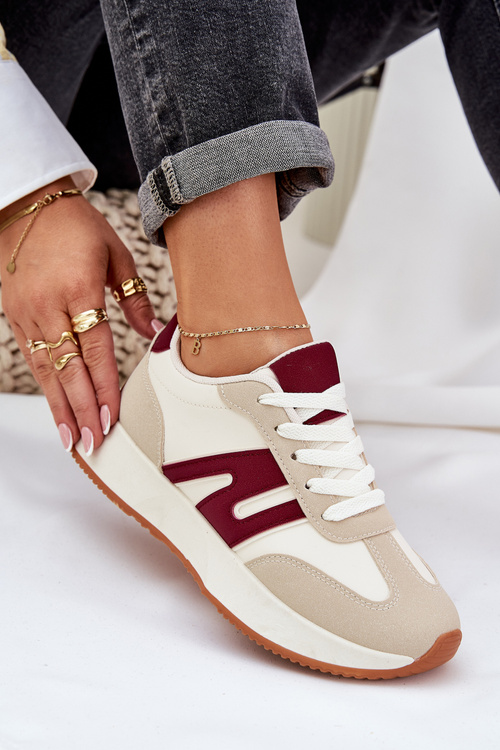 Buty Sportowe Damskie Na Platformie Beżowo-Bordowe Emidi