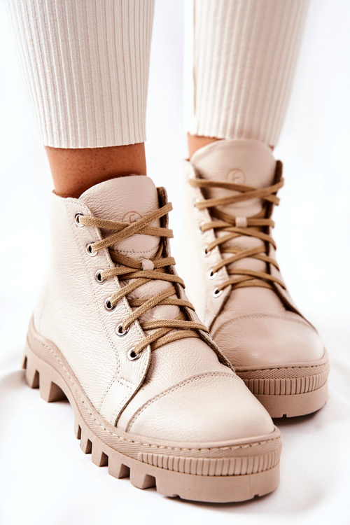 Ocieplane Skórzane Botki Trapery Beżowe Madisson